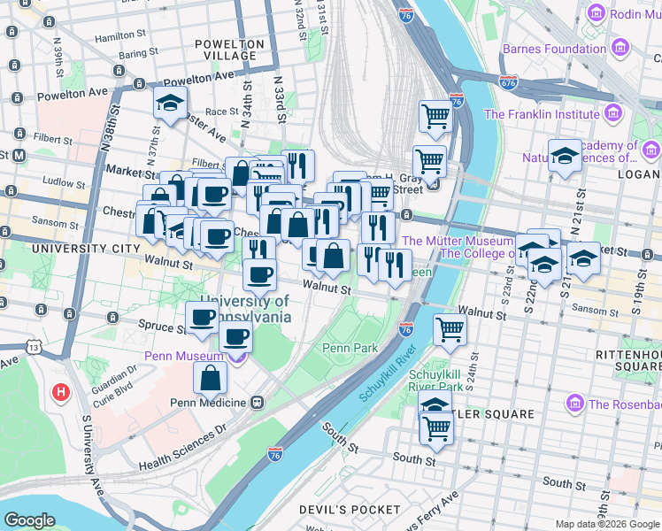map of restaurants, bars, coffee shops, grocery stores, and more near 3131 Walnut Street in Philadelphia
