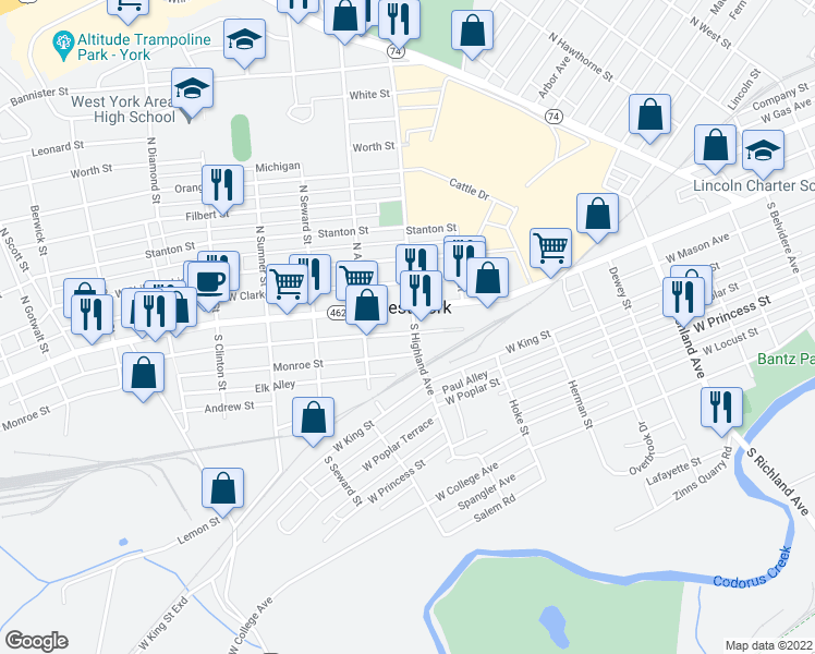 map of restaurants, bars, coffee shops, grocery stores, and more near 7 South Highland Avenue in York