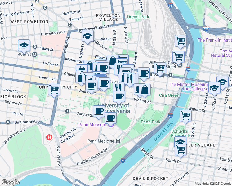 map of restaurants, bars, coffee shops, grocery stores, and more near 3333 Walnut Street in Philadelphia