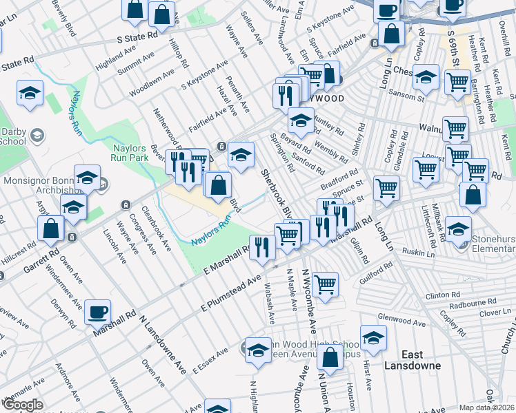 map of restaurants, bars, coffee shops, grocery stores, and more near 250 Beverly Boulevard in Delaware County