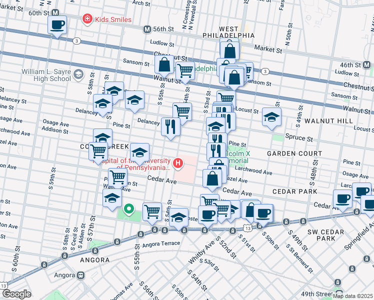map of restaurants, bars, coffee shops, grocery stores, and more near 5335 Addison Street in Philadelphia
