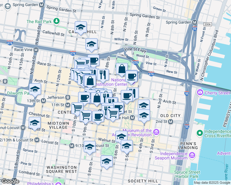 map of restaurants, bars, coffee shops, grocery stores, and more near 600 Arch Street in Philadelphia