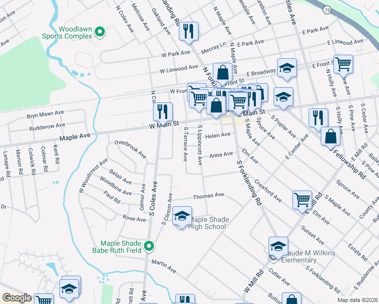 map of restaurants, bars, coffee shops, grocery stores, and more near 118 South Terrace Avenue in Maple Shade