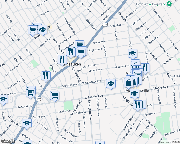 map of restaurants, bars, coffee shops, grocery stores, and more near 3330 Lexington Avenue in Pennsauken Township