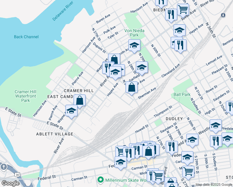 map of restaurants, bars, coffee shops, grocery stores, and more near 850 North 24th Street in Camden
