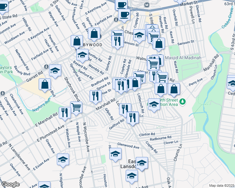 map of restaurants, bars, coffee shops, grocery stores, and more near 355 Long Lane in Upper Darby
