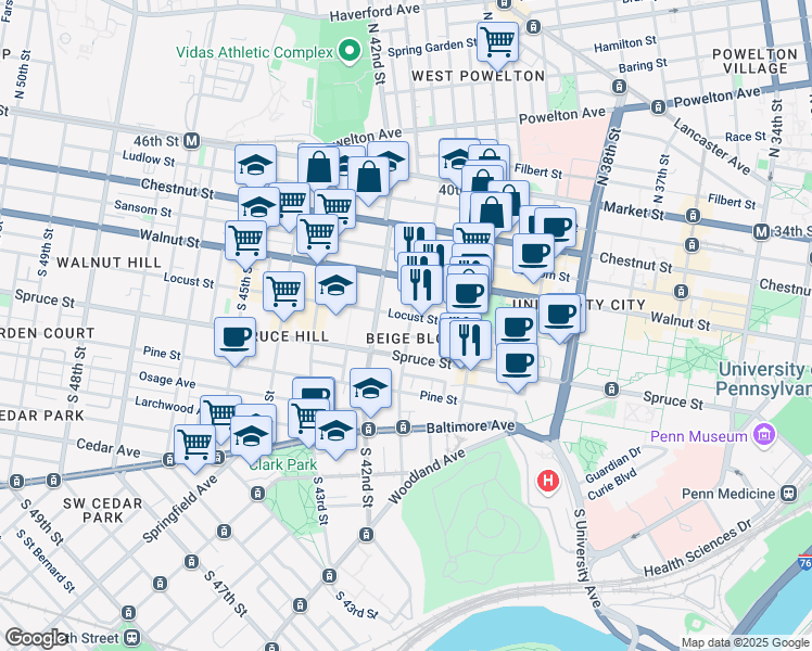 map of restaurants, bars, coffee shops, grocery stores, and more near 4100 Locust Street in Philadelphia