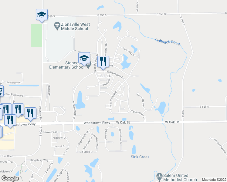 map of restaurants, bars, coffee shops, grocery stores, and more near 6718 Chapel Crossing in Zionsville