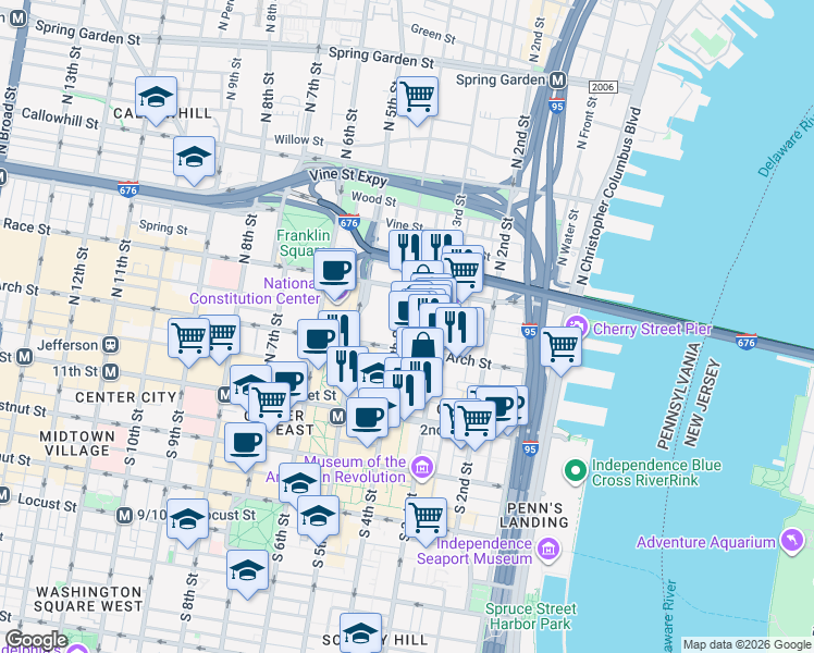 map of restaurants, bars, coffee shops, grocery stores, and more near 125 North 4th Street in Philadelphia
