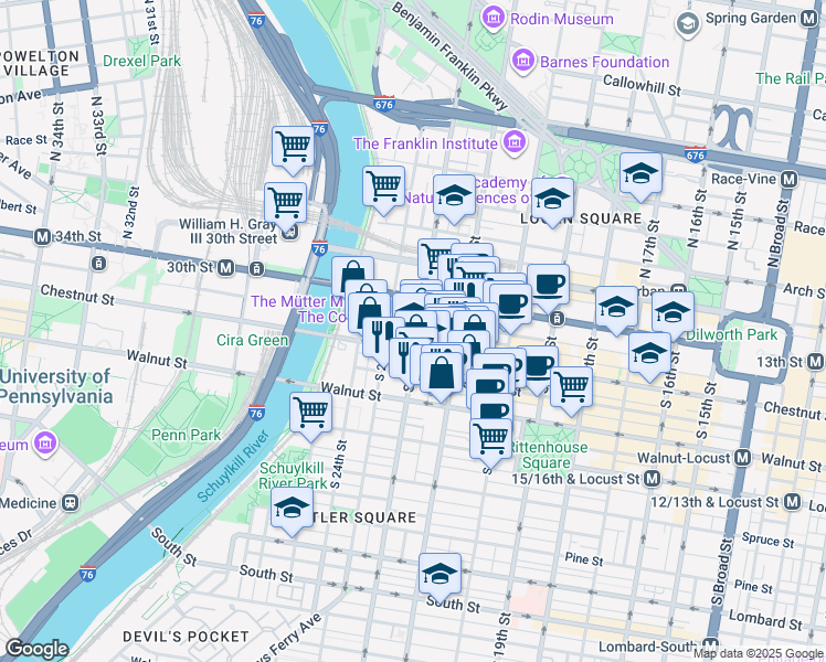 map of restaurants, bars, coffee shops, grocery stores, and more near 30 South 22nd Street in Philadelphia