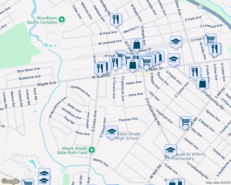 map of restaurants, bars, coffee shops, grocery stores, and more near 57 South Terrace Avenue in Maple Shade
