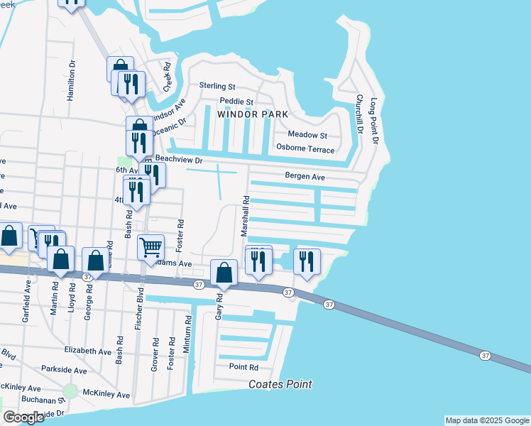 map of restaurants, bars, coffee shops, grocery stores, and more near 3411 Lisbon Avenue in Toms River
