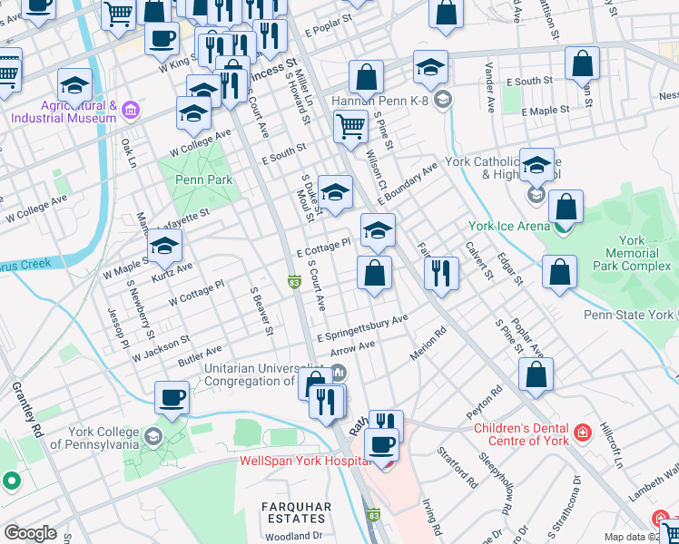 map of restaurants, bars, coffee shops, grocery stores, and more near 741 South Duke Street in York