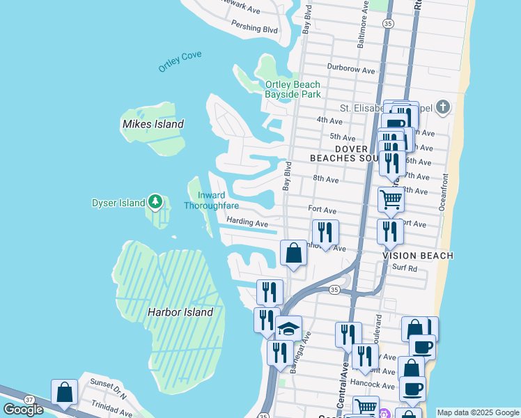 map of restaurants, bars, coffee shops, grocery stores, and more near 424 Harding Avenue in Seaside Heights