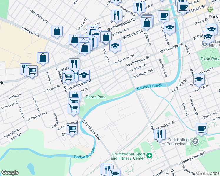 map of restaurants, bars, coffee shops, grocery stores, and more near 604 West College Avenue in York