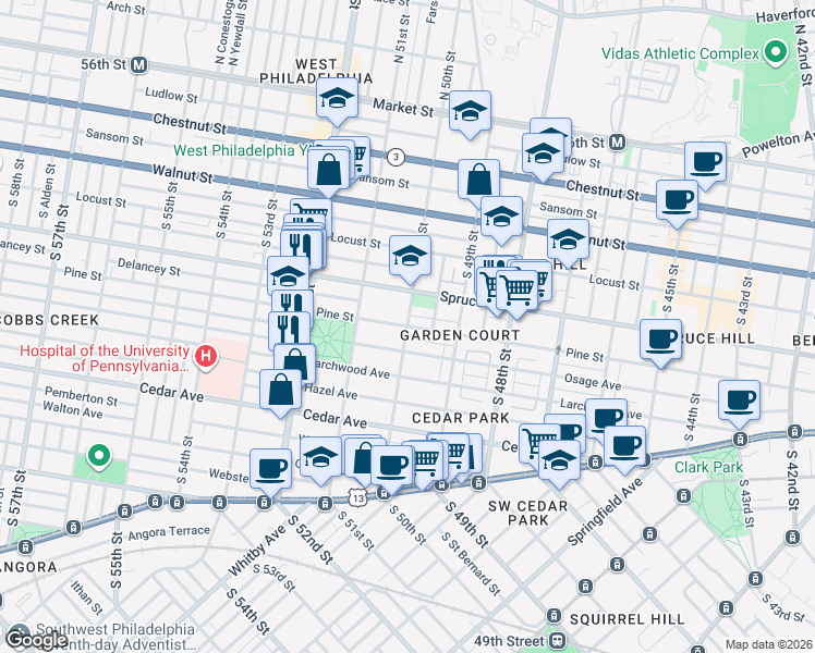 map of restaurants, bars, coffee shops, grocery stores, and more near Pine St & S 50th St in Philadelphia