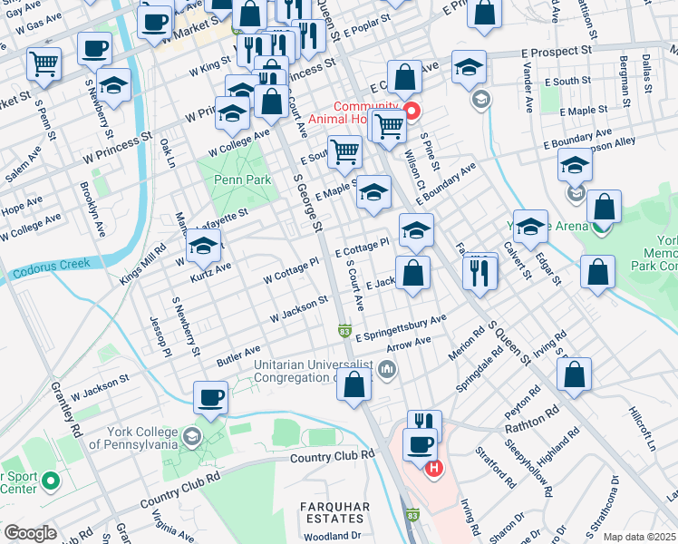 map of restaurants, bars, coffee shops, grocery stores, and more near 727 South George Street in York