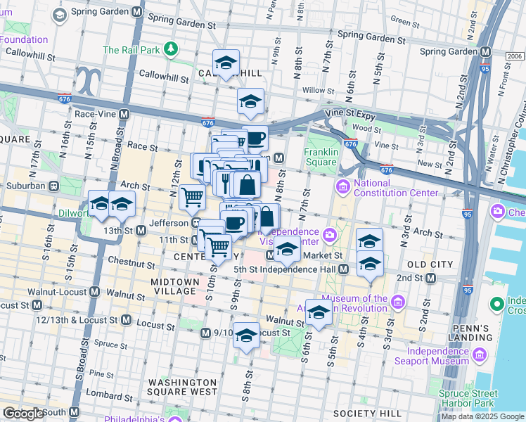 map of restaurants, bars, coffee shops, grocery stores, and more near 810 Arch Street in Philadelphia
