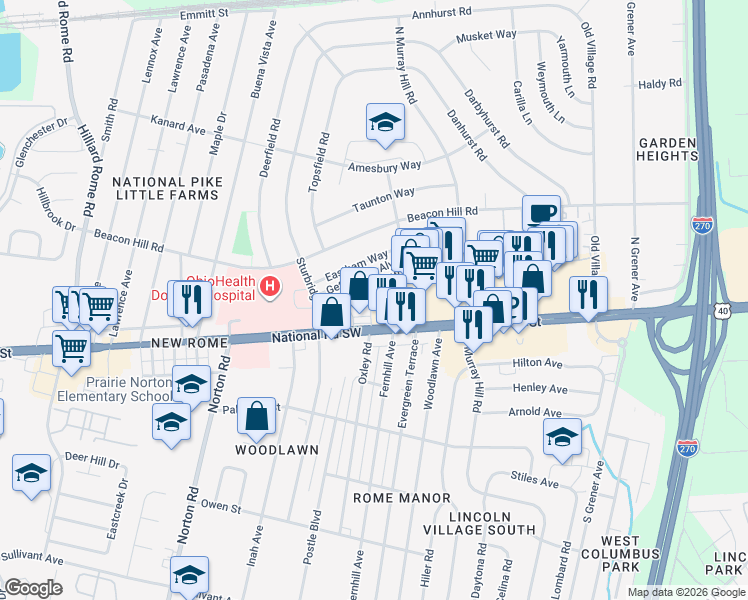 map of restaurants, bars, coffee shops, grocery stores, and more near 4959 Medfield Way in Columbus