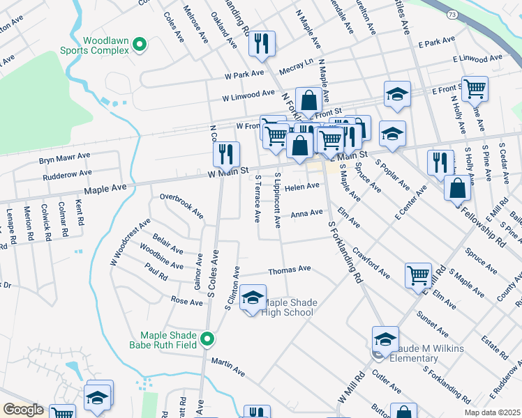 map of restaurants, bars, coffee shops, grocery stores, and more near 57 South Terrace Avenue in Maple Shade