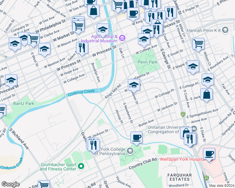 map of restaurants, bars, coffee shops, grocery stores, and more near 310 West Maple Street in York