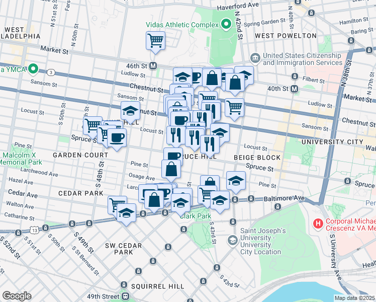 map of restaurants, bars, coffee shops, grocery stores, and more near 4415 Spruce Street in Philadelphia