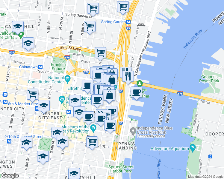 map of restaurants, bars, coffee shops, grocery stores, and more near 69 North 2nd Street in Philadelphia