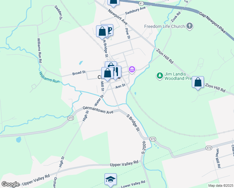 map of restaurants, bars, coffee shops, grocery stores, and more near 219 South Bridge Street in Christiana