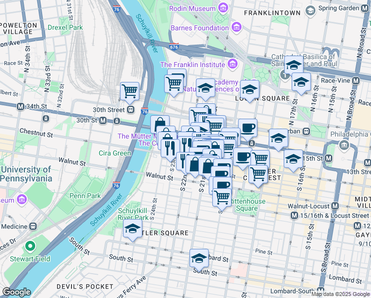 map of restaurants, bars, coffee shops, grocery stores, and more near 30 South 22nd Street in Philadelphia