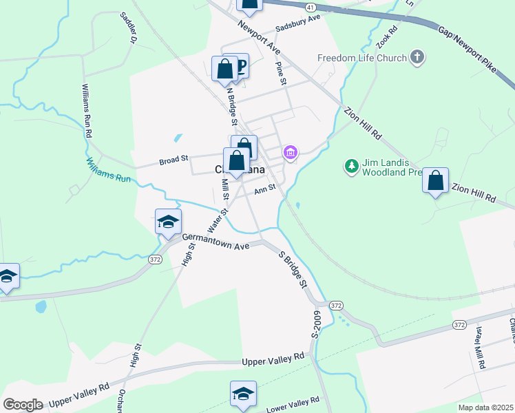 map of restaurants, bars, coffee shops, grocery stores, and more near 219 South Bridge Street in Christiana