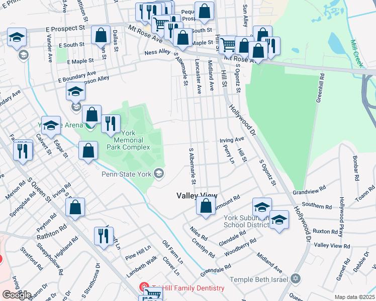 map of restaurants, bars, coffee shops, grocery stores, and more near 1194 South Albemarle Street in York