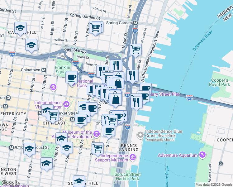 map of restaurants, bars, coffee shops, grocery stores, and more near 69 North 2nd Street in Philadelphia