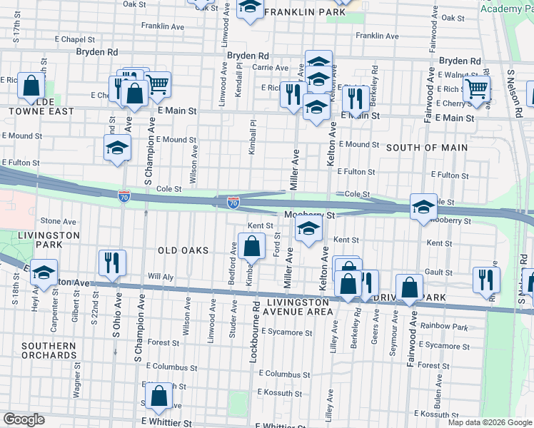 map of restaurants, bars, coffee shops, grocery stores, and more near 651 Ford Street in Columbus