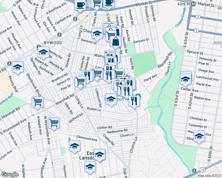 map of restaurants, bars, coffee shops, grocery stores, and more near 423 Timberlake Road in Upper Darby