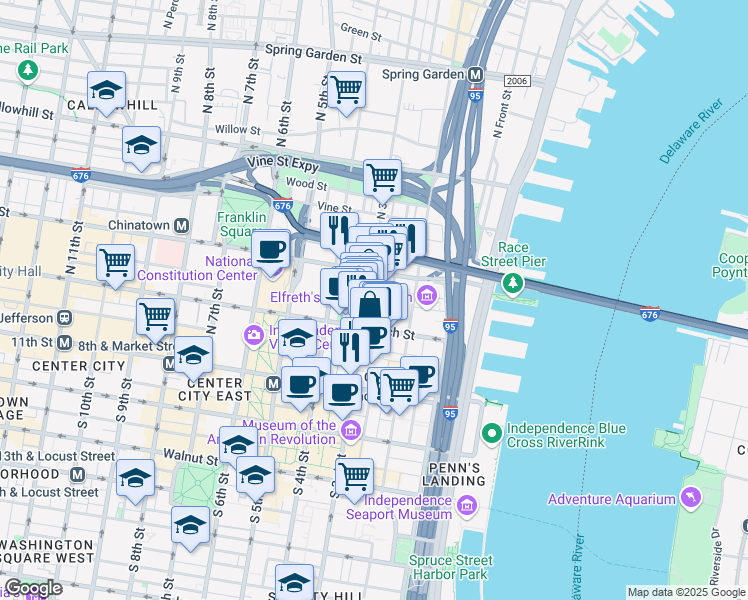 map of restaurants, bars, coffee shops, grocery stores, and more near 101-11 Arch Street in Philadelphia