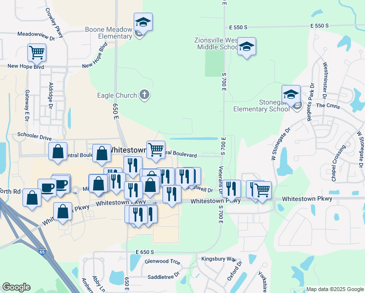 map of restaurants, bars, coffee shops, grocery stores, and more near 6800 Central Boulevard in Zionsville