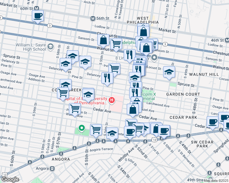 map of restaurants, bars, coffee shops, grocery stores, and more near 5331 Larchwood Avenue in Philadelphia