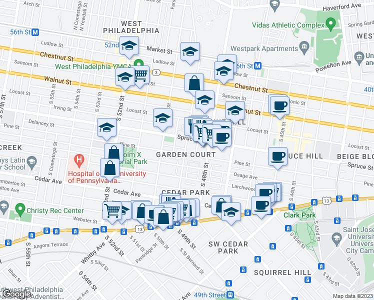 map of restaurants, bars, coffee shops, grocery stores, and more near 4845 Pine Street in Philadelphia