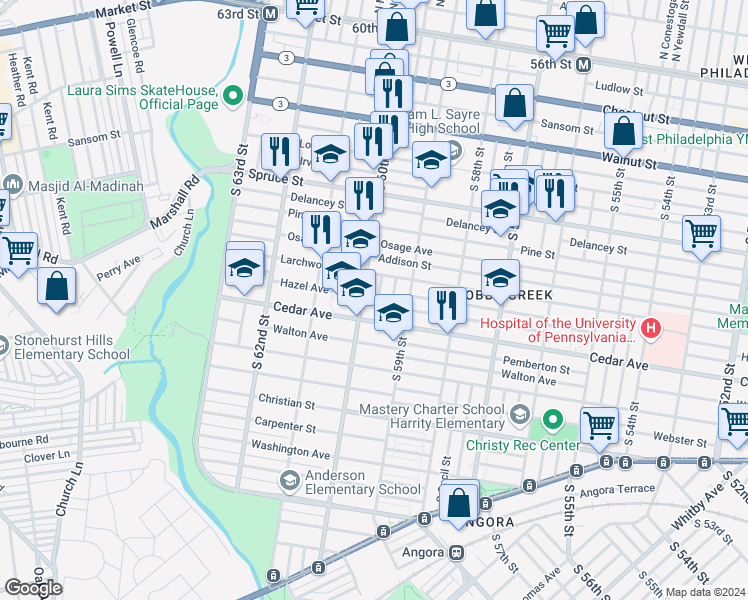 map of restaurants, bars, coffee shops, grocery stores, and more near 530 South Salford Street in Philadelphia