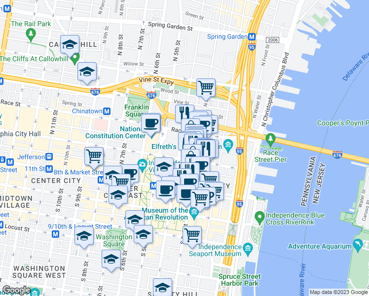 map of restaurants, bars, coffee shops, grocery stores, and more near 125 North 4th Street in Philadelphia