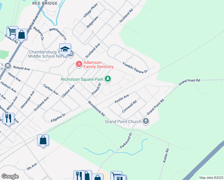 map of restaurants, bars, coffee shops, grocery stores, and more near 710 Bassett Drive in Chambersburg