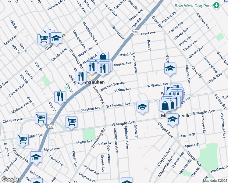 map of restaurants, bars, coffee shops, grocery stores, and more near 3330 Lexington Avenue in Pennsauken Township