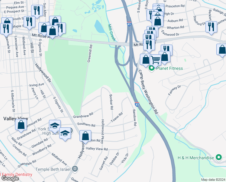 map of restaurants, bars, coffee shops, grocery stores, and more near 1359 Bonbar Road in York
