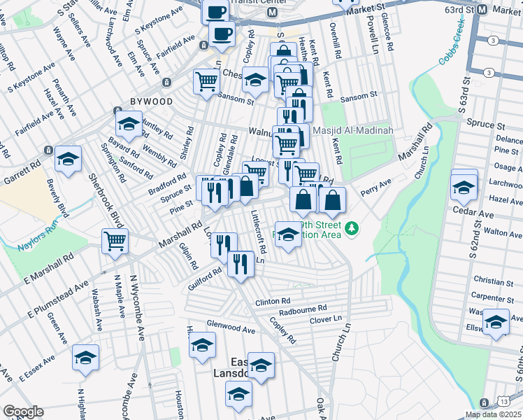 map of restaurants, bars, coffee shops, grocery stores, and more near 410 Millbank Road in Delaware County