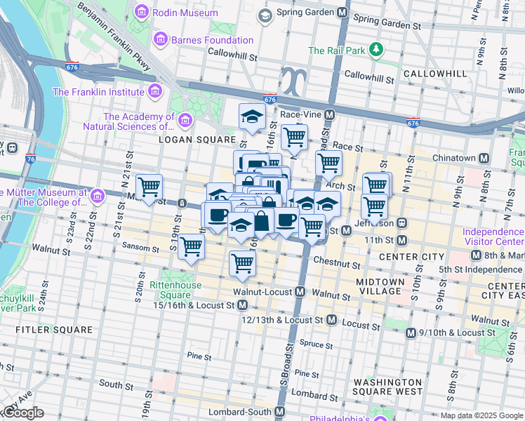 map of restaurants, bars, coffee shops, grocery stores, and more near 11 North 16th Street in Philadelphia