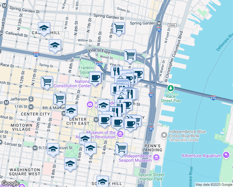 map of restaurants, bars, coffee shops, grocery stores, and more near 125-27 North 4th Street in Philadelphia
