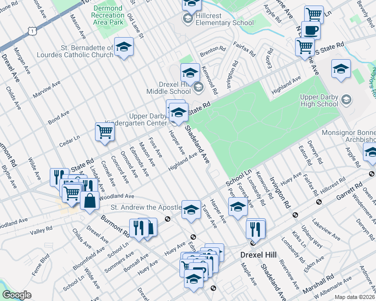 map of restaurants, bars, coffee shops, grocery stores, and more near 3301 Highland Avenue in Drexel Hill