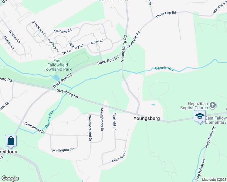 map of restaurants, bars, coffee shops, grocery stores, and more near 2389 Strasburg Road in Coatesville