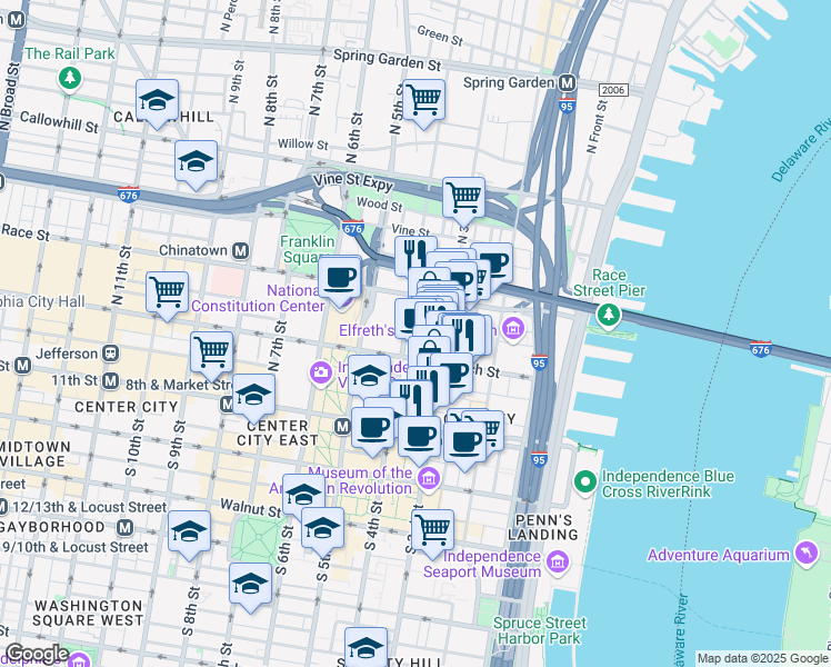 map of restaurants, bars, coffee shops, grocery stores, and more near 125-27 North 4th Street in Philadelphia