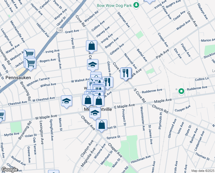 map of restaurants, bars, coffee shops, grocery stores, and more near 25 Park Avenue in Pennsauken Township